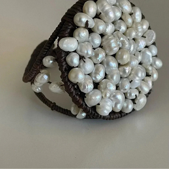 Freshwater Pearl Embroidered Bracelet Fiber Wrapped and Pearl Covered Statement - Picture 3 of 11